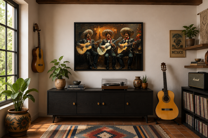 Framed canvas wall art of a three-piece Mariachi band playing guitars in traditional attire.