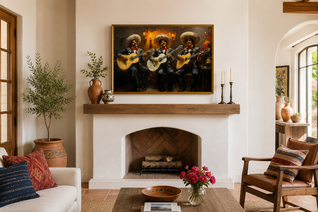 Mariachi Band Mexican Framed Canvas Wall Art hanging above a fireplace in a rustic living room.