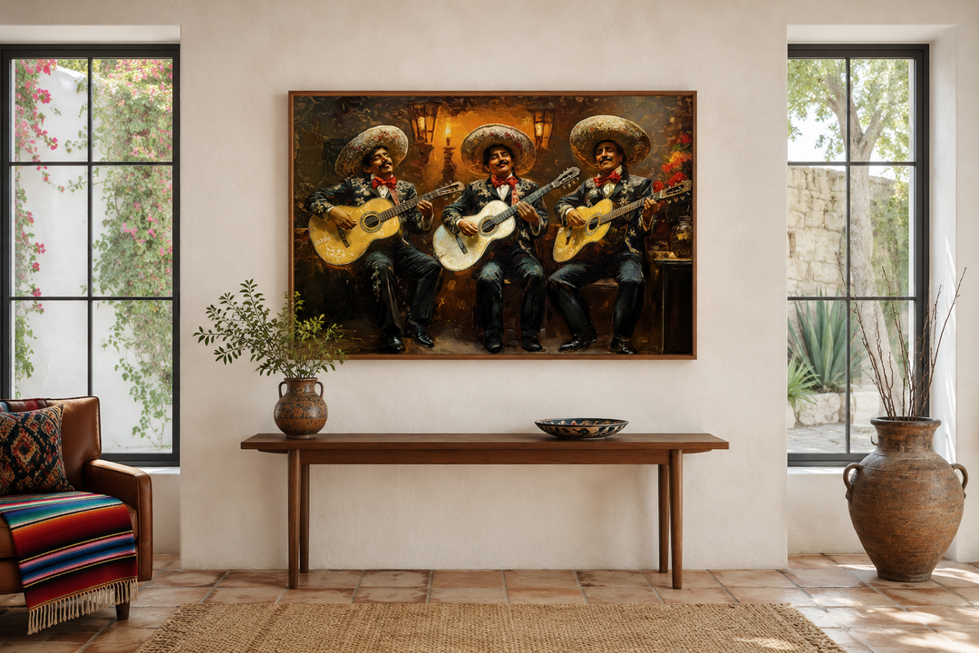 Mariachi band Mexican framed canvas wall art featuring three musicians in traditional attire.
