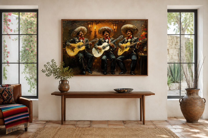 Mariachi band Mexican framed canvas wall art featuring three musicians in traditional attire.