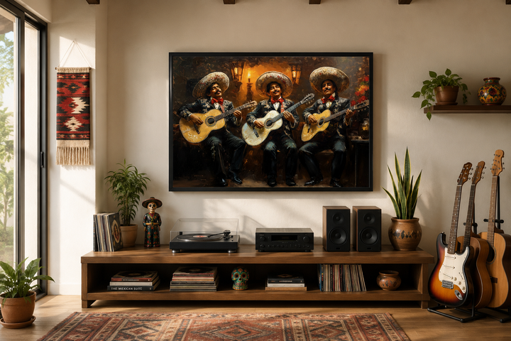 Mariachi Band Mexican Framed Canvas Wall Art depicting three musicians in traditional attire.