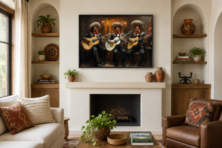 Mariachi Band Mexican Framed Canvas Wall Art above a fireplace in a warm, rustic living room.