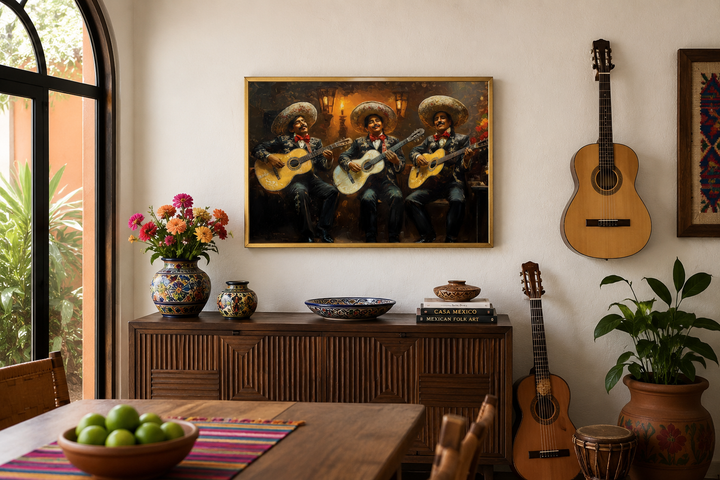 Framed canvas wall art of a three-piece Mariachi band playing guitars in traditional attire.