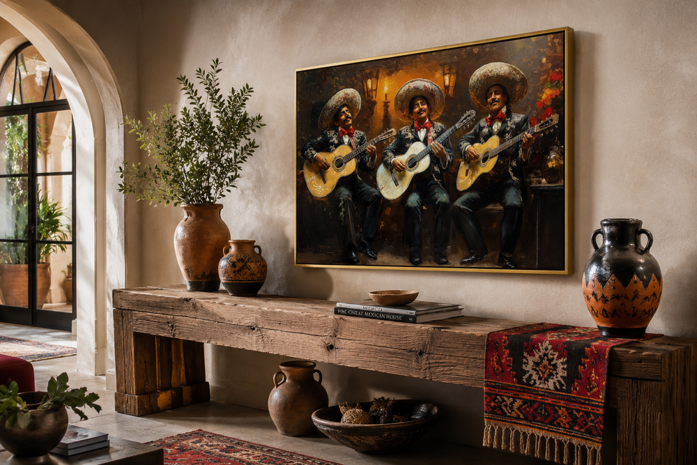 Mariachi band Mexican framed canvas wall art above a rustic wooden console table in a warm room.