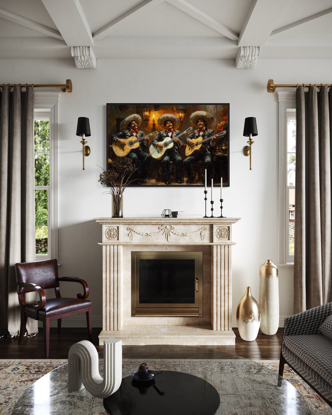 Mariachi Band Mexican Framed Canvas Wall Art hanging above a fireplace in a living room.