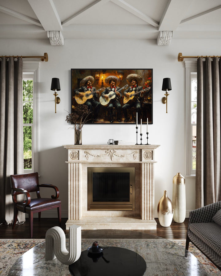 Mariachi Band Mexican Framed Canvas Wall Art hanging above a fireplace in a living room.