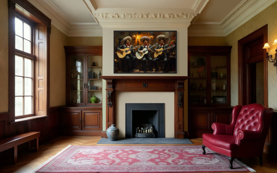 Mariachi Band Mexican framed canvas wall art hanging above a fireplace in a classic living room.