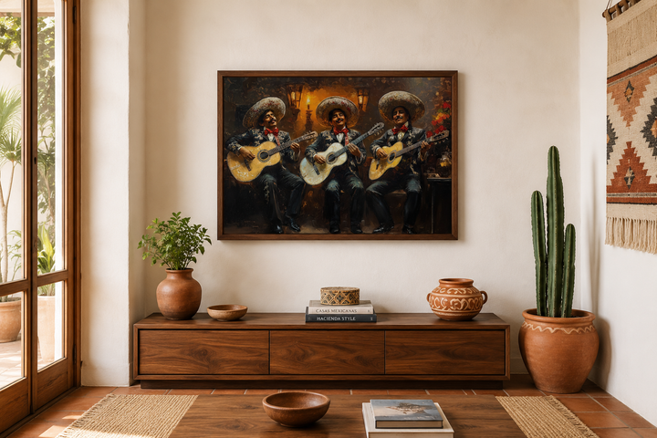 Mariachi Band Mexican framed canvas wall art above a wooden console in a rustic living room.