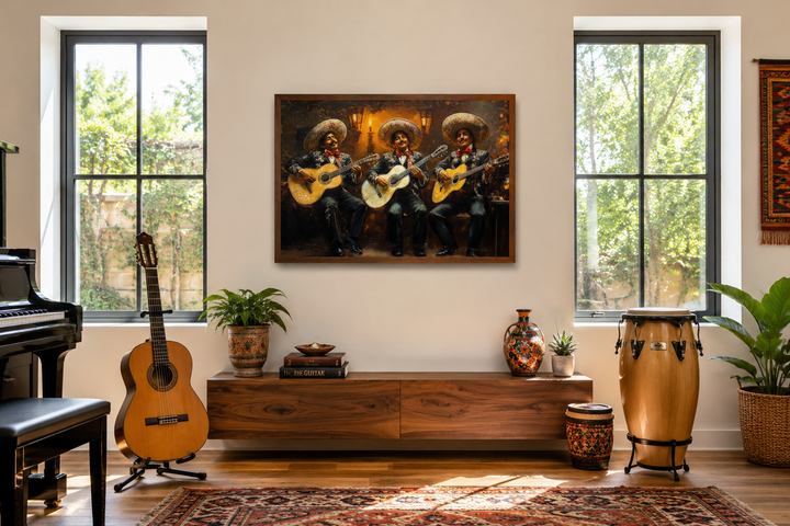 Mariachi Band Mexican Framed Canvas Wall Art hanging in a music room above a wooden console.