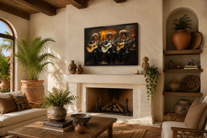 Mariachi Band Mexican Framed Canvas Wall Art hanging above a fireplace in a rustic living room.
