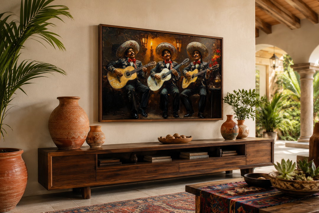 Mariachi Band Mexican Framed Canvas Wall Art above a wooden console in a rustic living room.