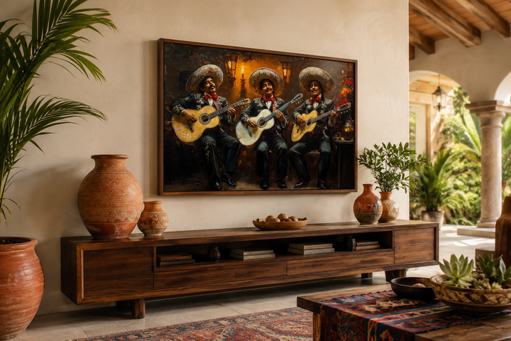 Mariachi Band Mexican Framed Canvas Wall Art above a wooden console in a rustic living room.