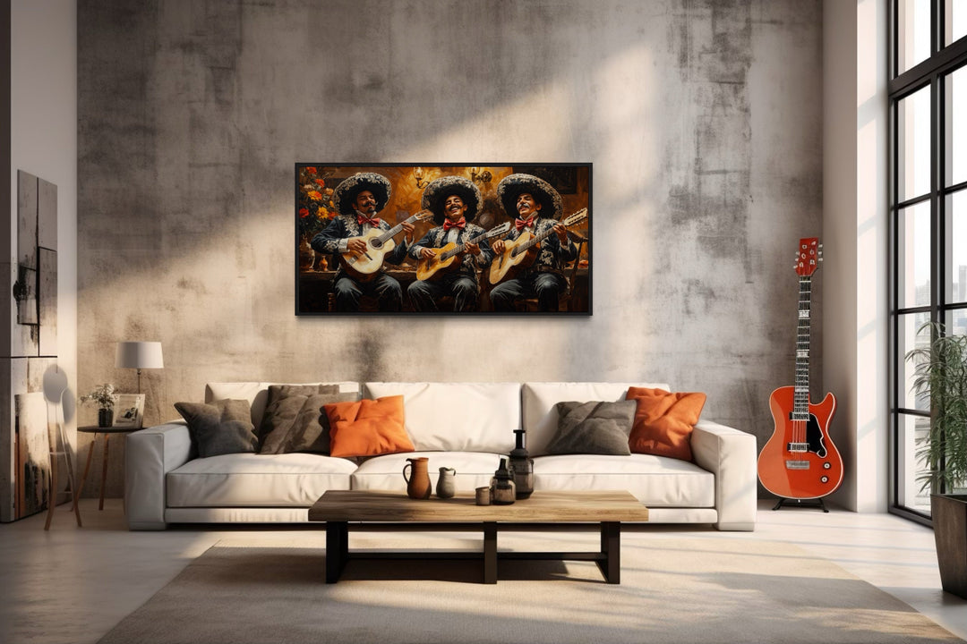 Extra large framed canvas print of a mariachi band performing, hanging above a white sofa.