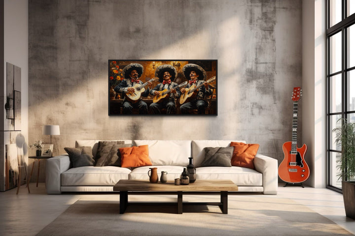 Extra large framed canvas print of a mariachi band performing, hanging above a white sofa.