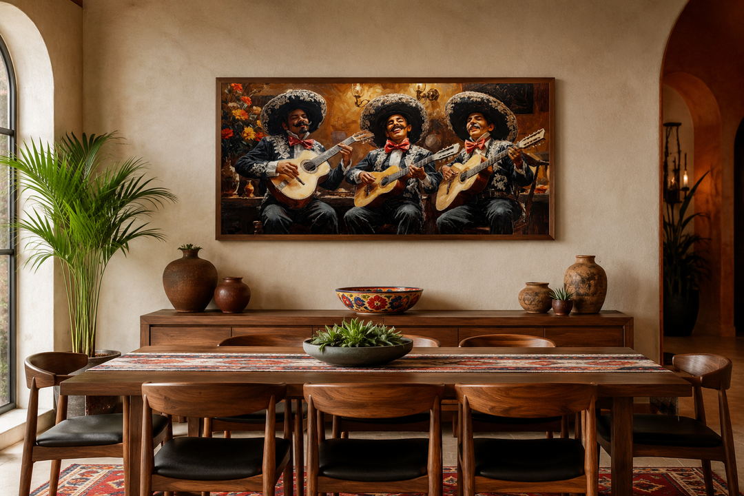 Extra large framed canvas print of a mariachi band performing in traditional attire.