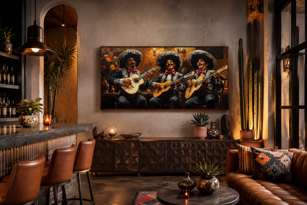 Extra large framed canvas print of a three-person mariachi band playing guitars in a warm room.
