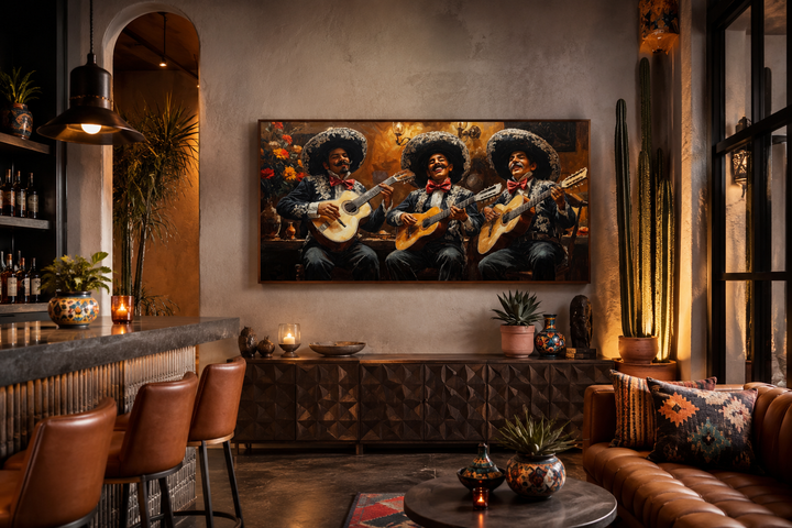 Extra large framed canvas print of a three-person mariachi band playing guitars in a warm room.