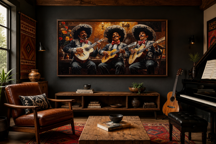 Extra large framed canvas print of a mariachi band performing in traditional attire on a dark wall.
