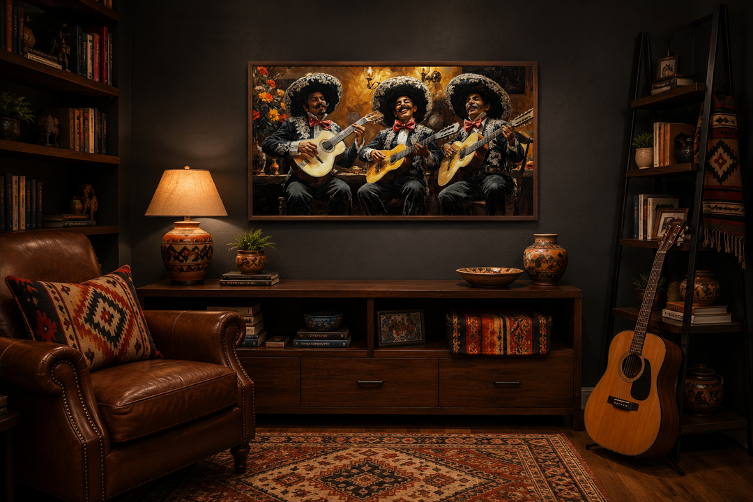 Framed mariachi band canvas wall art above a wooden console in a warm, rustic living room.
