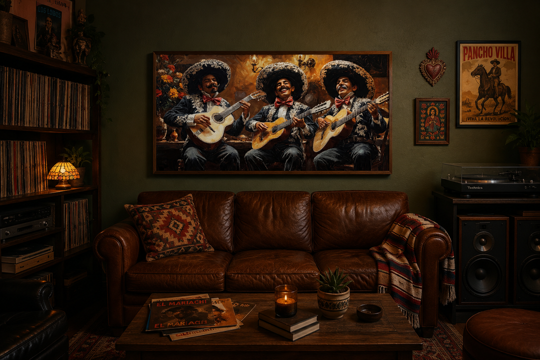 Extra large framed canvas print of a mariachi band performing, hanging above a brown leather sofa.