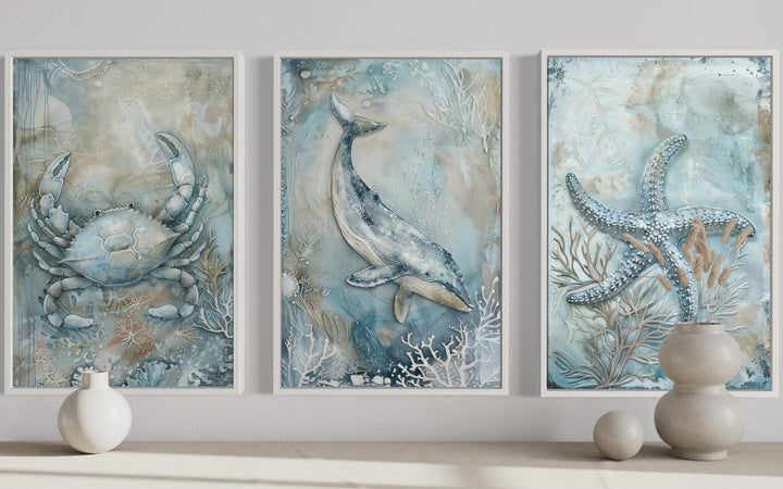 Marine Animals Whale, Starfish And Crab Framed Canvas Wall Art