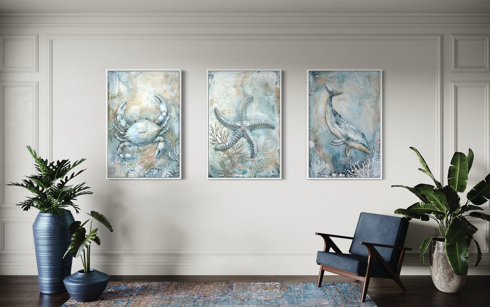 Marine Animals Whale, Starfish And Crab Framed Canvas Wall Art