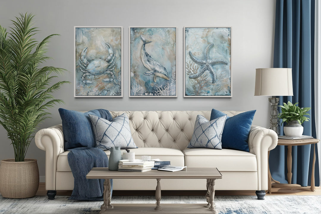Marine Animals Whale, Starfish And Crab Framed Canvas Wall Art