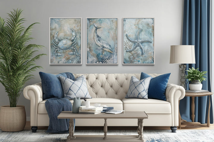 Marine Animals Whale, Starfish And Crab Framed Canvas Wall Art