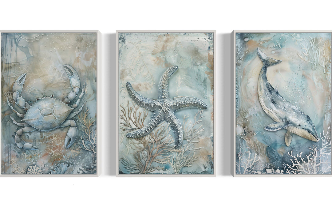 Marine Animals Whale, Starfish And Crab Framed Canvas Wall Art