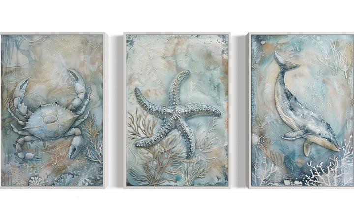 Marine Animals Whale, Starfish And Crab Framed Canvas Wall Art