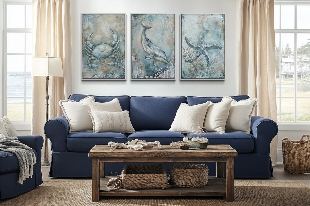 Marine Animals Whale, Starfish And Crab Framed Canvas Wall Art