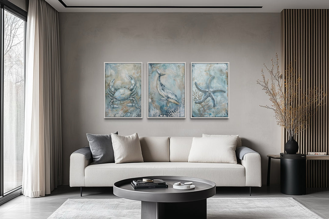 Marine Animals Whale, Starfish And Crab Framed Canvas Wall Art
