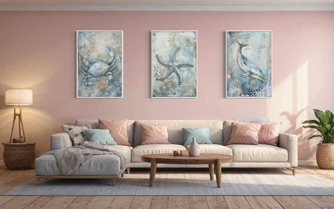 Marine Animals Whale, Starfish And Crab Framed Canvas Wall Art