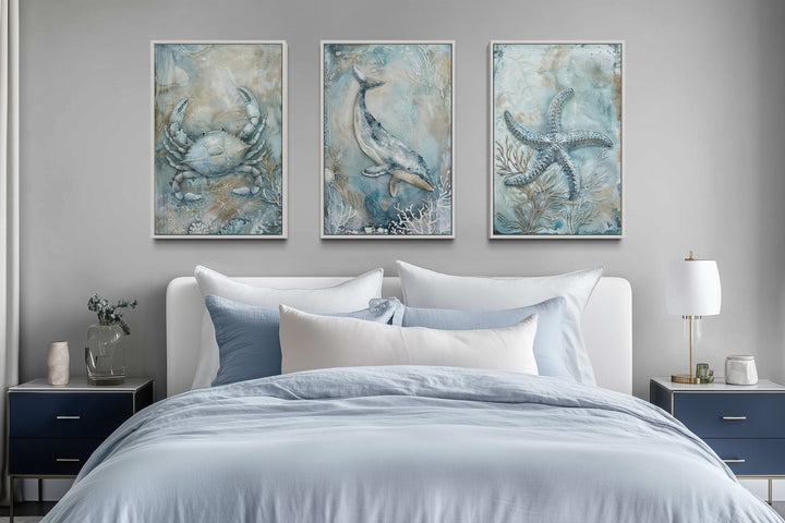 Marine Animals Whale, Starfish And Crab Framed Canvas Wall Art