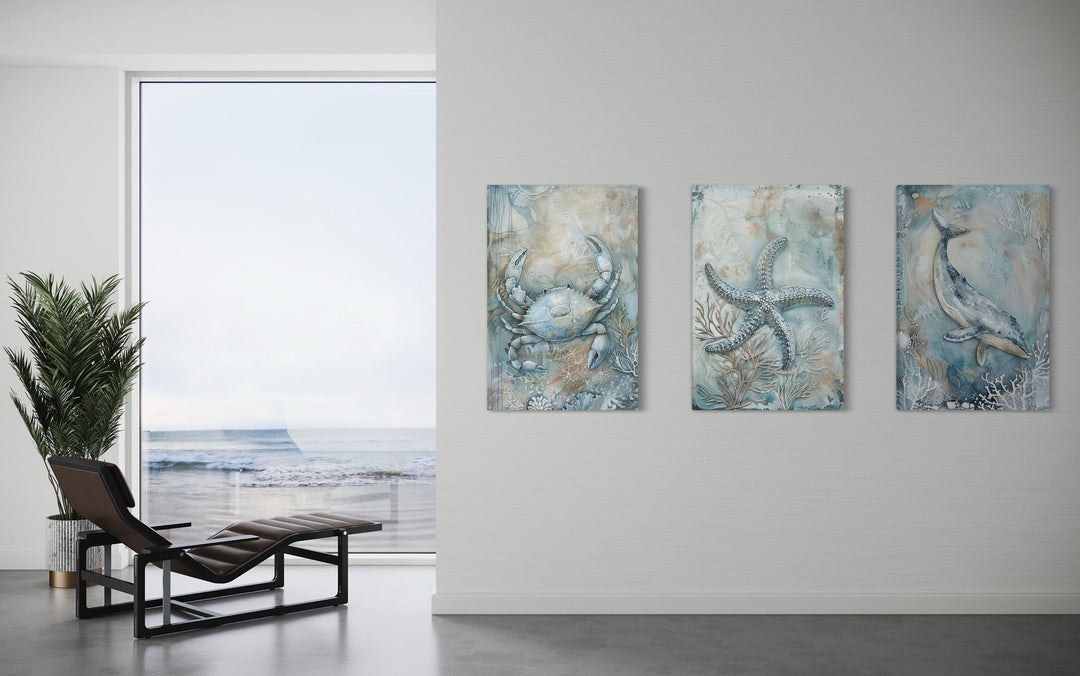 Marine Animals Whale, Starfish And Crab Framed Canvas Wall Art