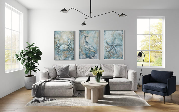 Marine Animals Whale, Starfish And Crab Framed Canvas Wall Art