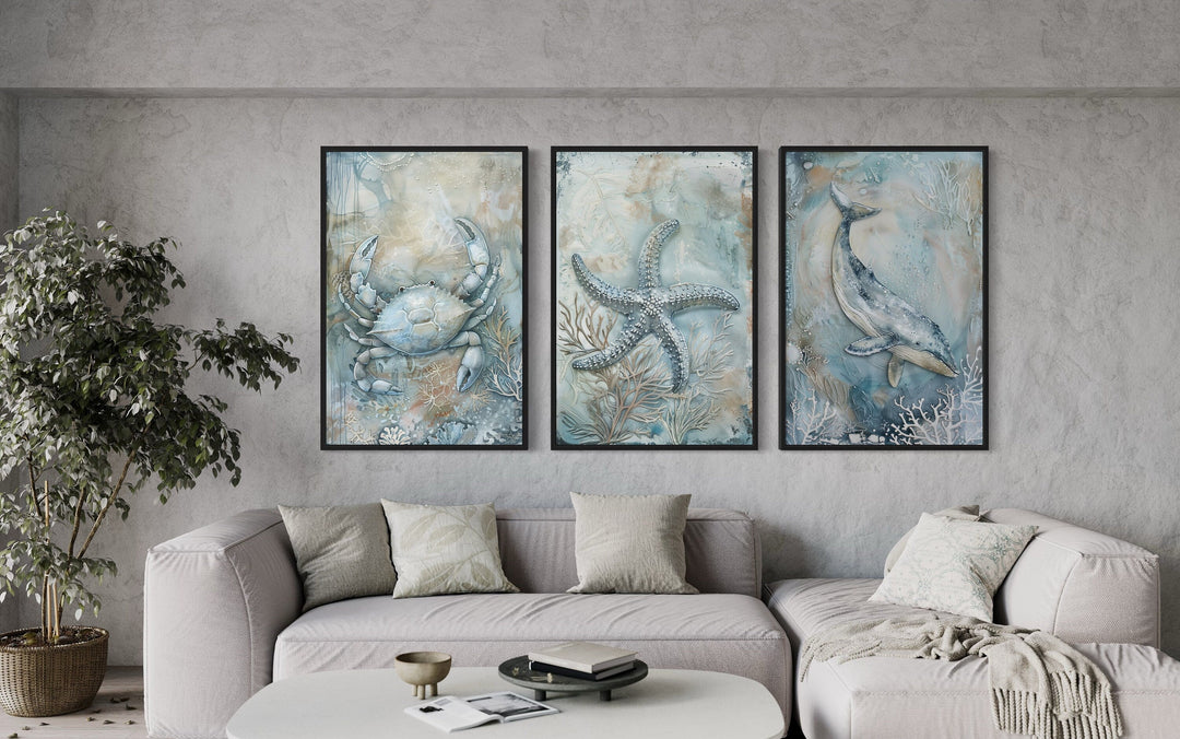 Marine Animals Whale, Starfish And Crab Framed Canvas Wall Art