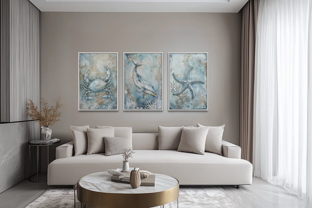 Marine Animals Whale, Starfish And Crab Framed Canvas Wall Art