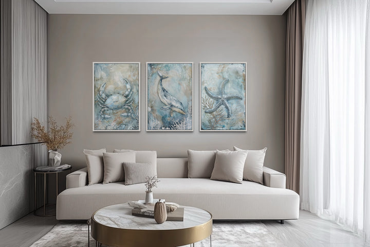 Marine Animals Whale, Starfish And Crab Framed Canvas Wall Art