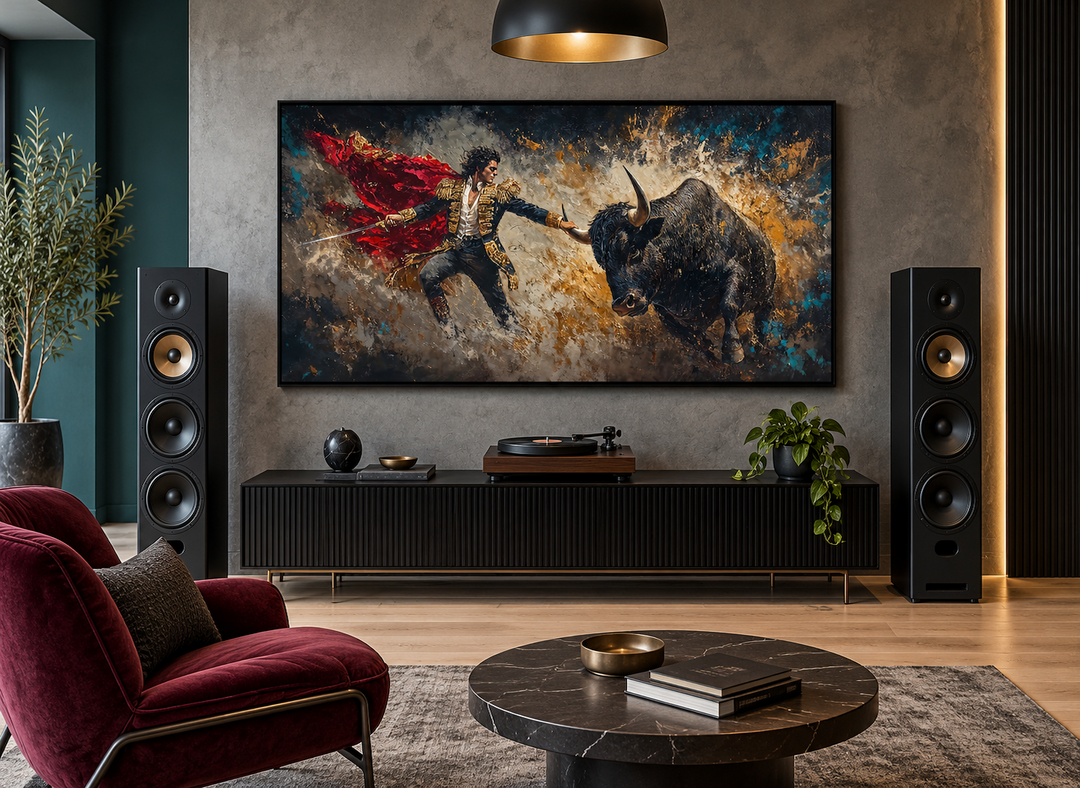 Spanish matador and bull canvas wall art in a black frame above a modern media console.