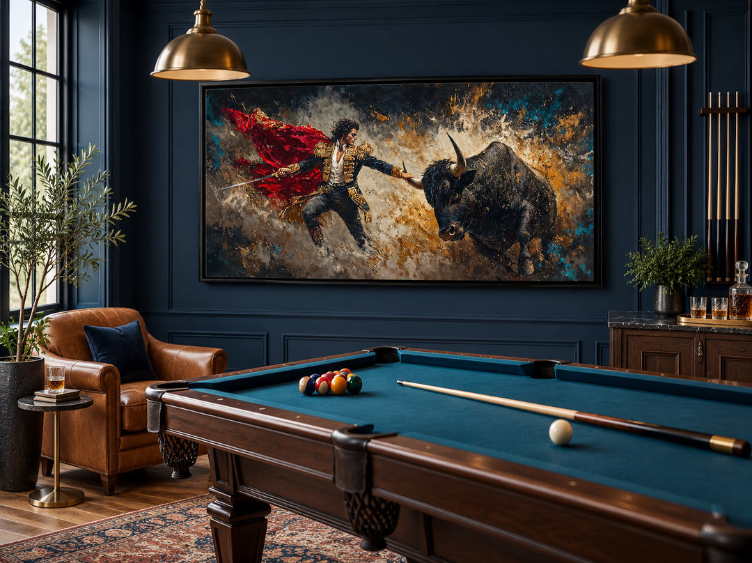 Spanish matador fighting bull canvas wall art in a black frame above a pool table in a game room.
