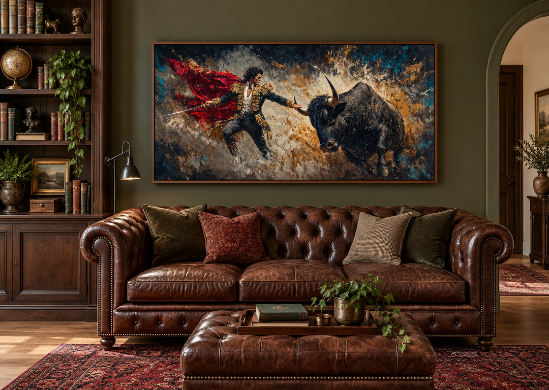 Spanish matador fighting a bull canvas wall art in a walnut frame above a brown leather sofa.