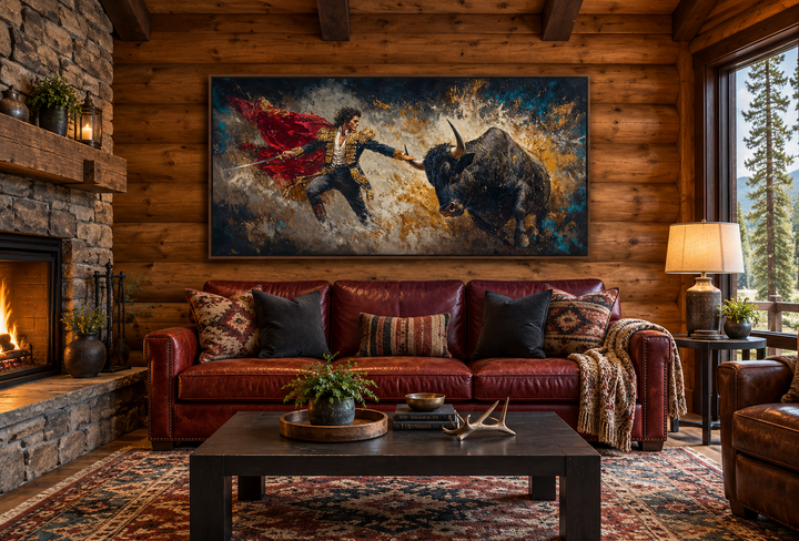 Spanish matador fighting a bull canvas wall art in a rustic man cave with a leather sofa.