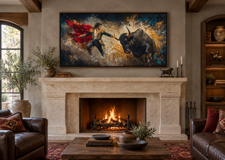 Spanish matador fighting bull canvas wall art in a walnut frame above a stone fireplace.