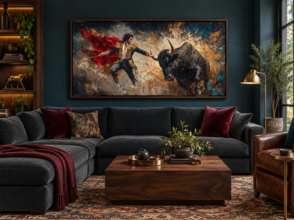 Spanish matador fighting a bull canvas wall art in a walnut frame above a dark grey sectional sofa.