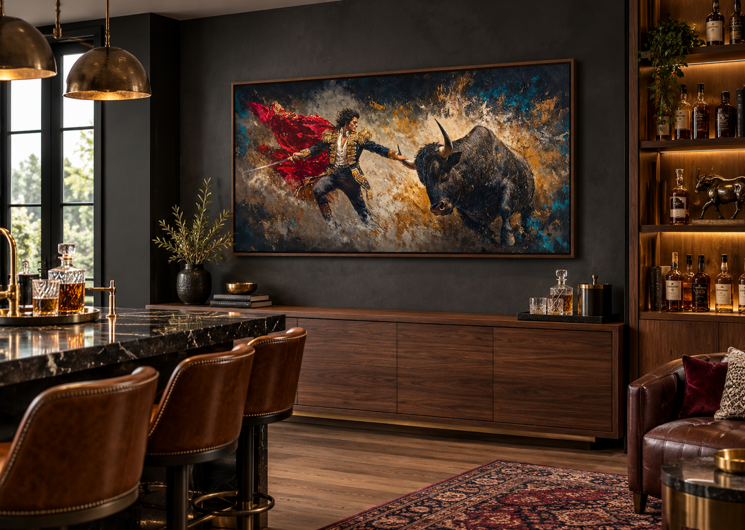 Spanish matador fighting a bull canvas wall art in a walnut frame above a dark wood sideboard.