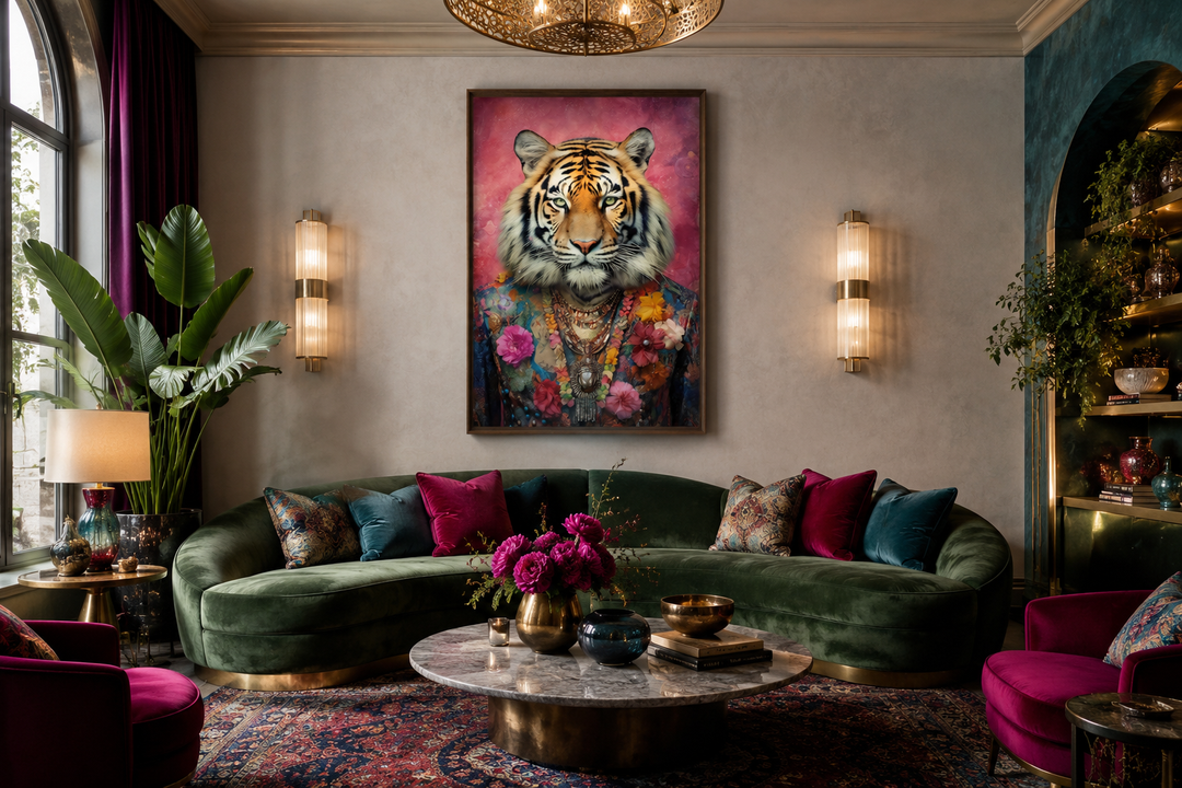 Whimsical framed canvas wall art of a tiger in a pink suit above a green velvet sofa.