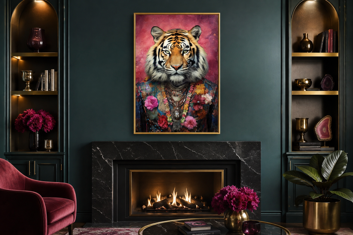 Framed canvas wall art of a tiger in a floral suit above a fireplace in a dark green room.