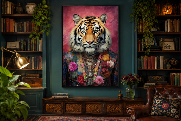 Framed canvas wall art of a tiger in a floral pink suit hanging in a dark green library setting.