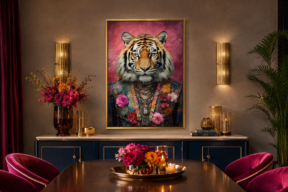 Framed canvas wall art of a tiger in a floral suit centered above a sideboard in a dining room.